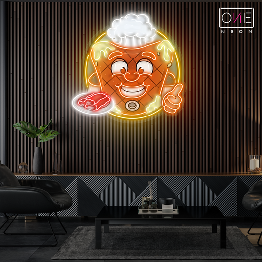 Enseigne lumineuse LED néon « Happy Mascot Of Meat Steak Artwork »