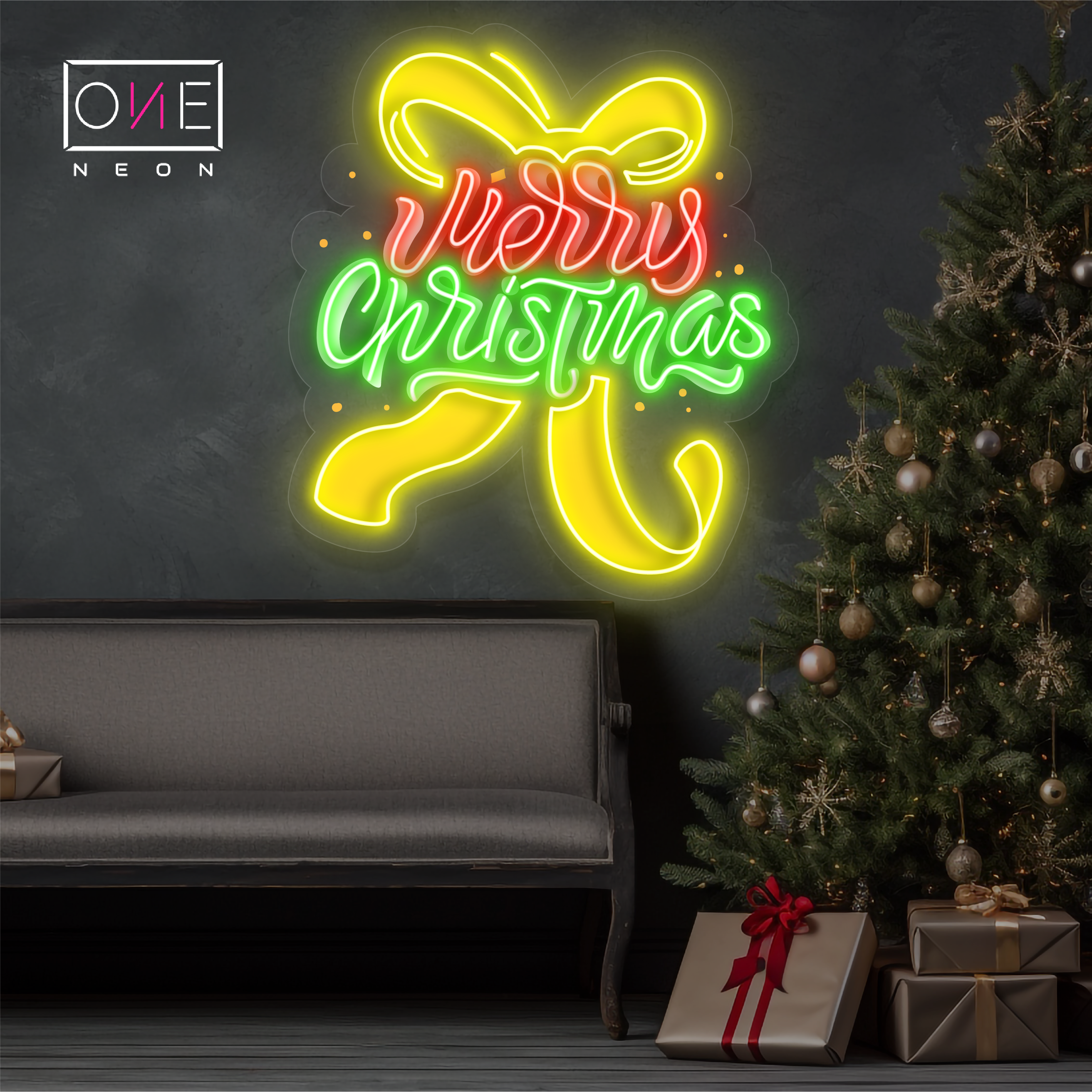 Merry Christmas Ribbon Artwork Led Neon Sign