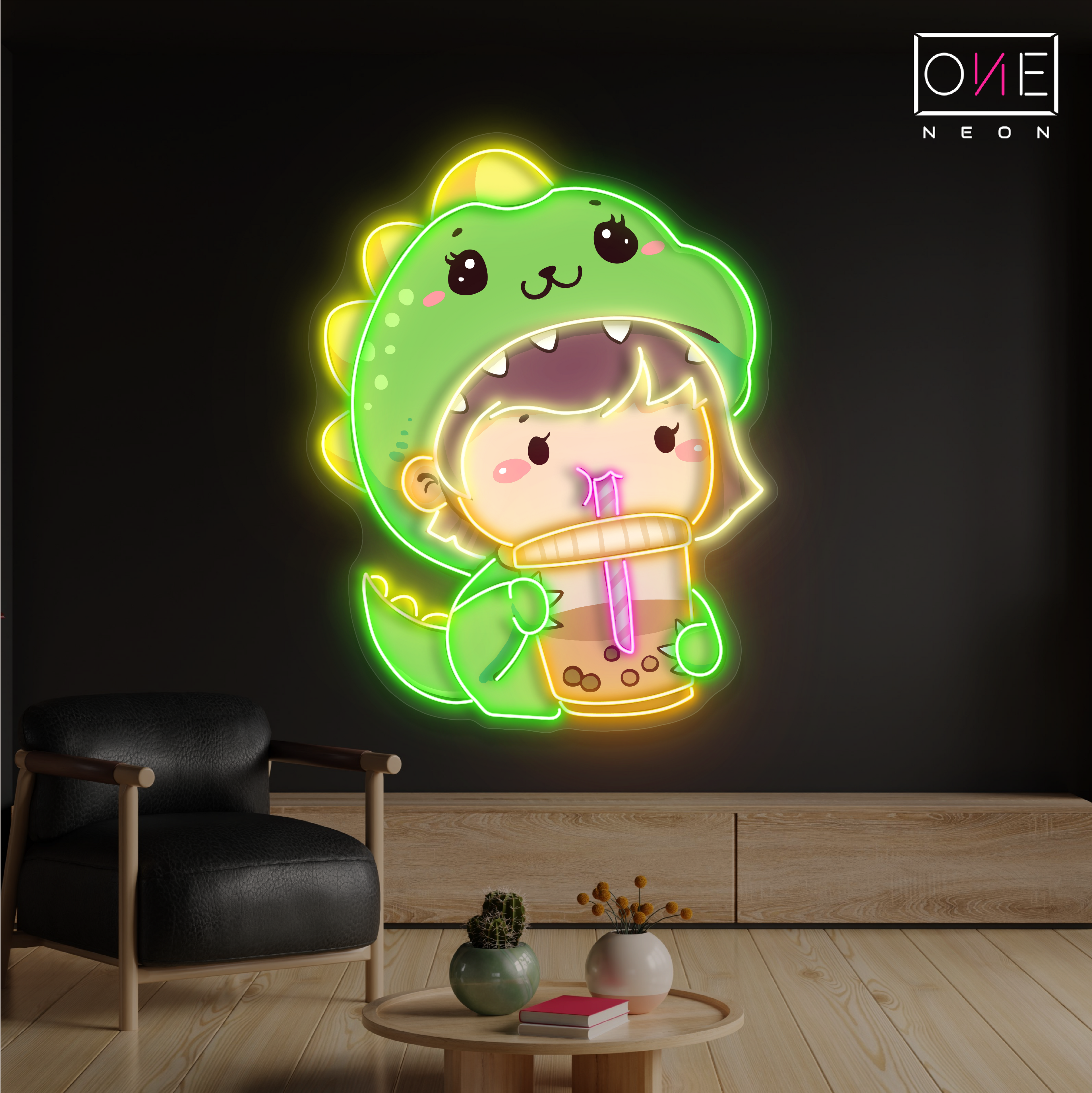 Cute Dino Boba Artwork Led Neon Sign